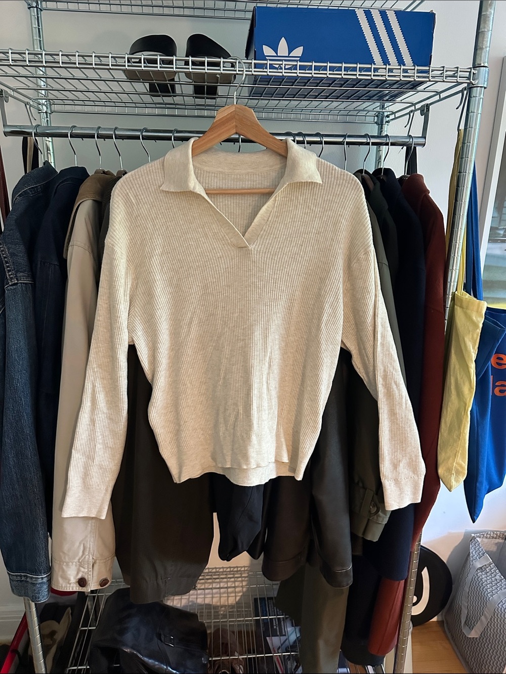 Uniqlo Cream Ribbed Collared V-Neck Sweater
